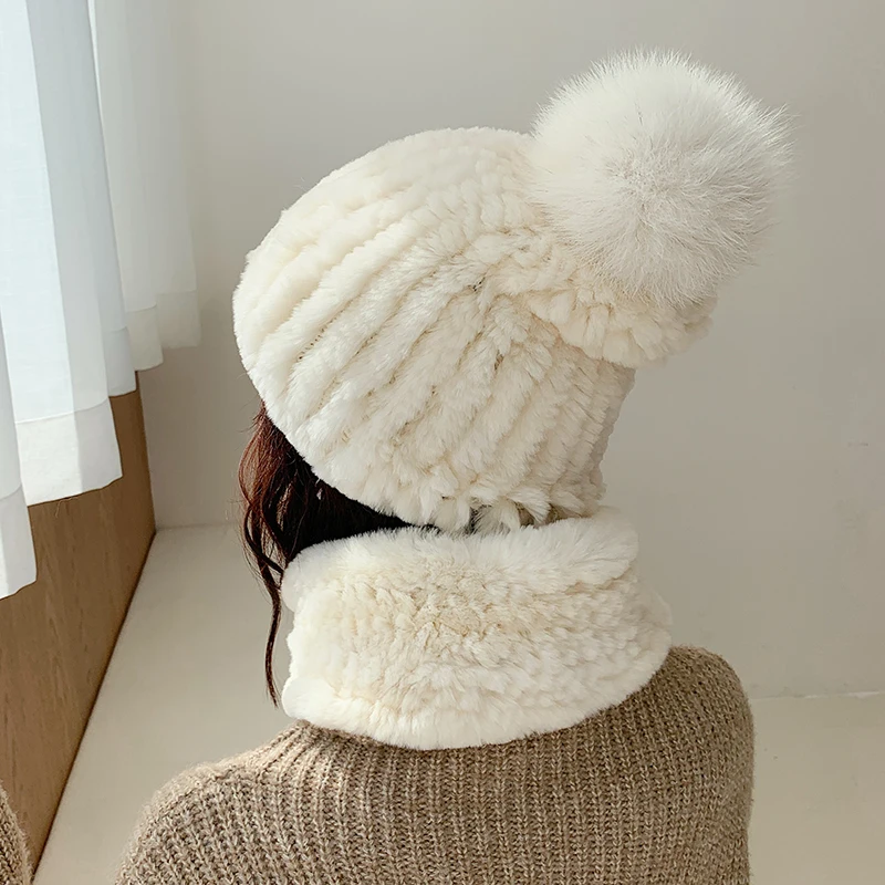 Lantafe Hat And Scarf Fur Hat Kit Hat Scarf Rex Rabbit Fur Winter Accessories Warm Woven Hat Knit Cap With Fox Fur Ball