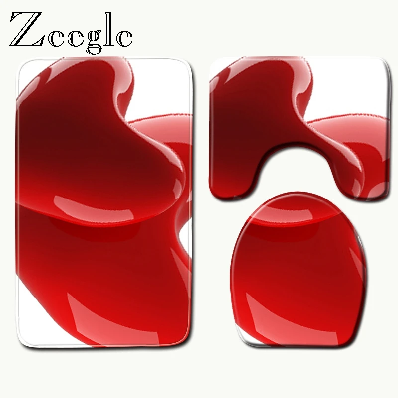 Zeegle 3pcs Non-Slip Bath Mats Set Bathroom Carpet Rug Toilet Mat Set Heart Pattern Bathroom Mat Set Coral Fleece Floor Mats