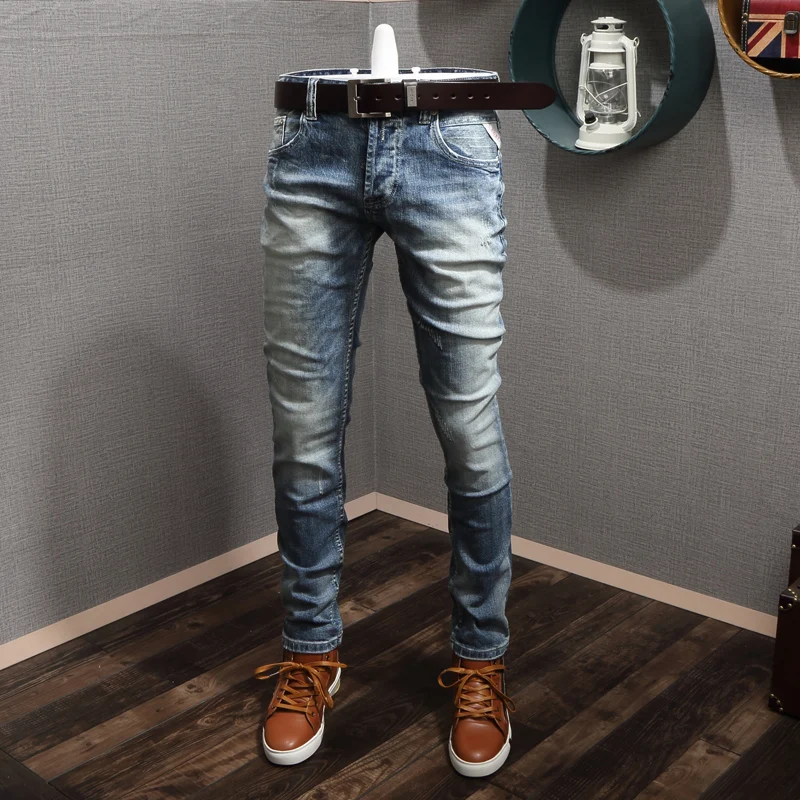 

Italian Style Fashion Men Jeans Light Blue Elastic Slim Fit Classical Jeans Men Buttons Pants Newly Vintage Designer Jeans Homme