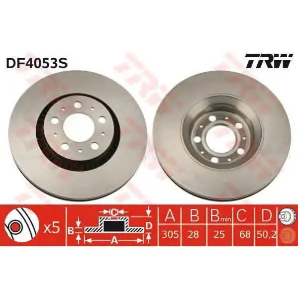 TRW DF4053S Диск тормозной передн VOLVO: S60 00-, S80 98-06, V70 I универсал 97-00, V70 II универсал 00-, XC70 CROSS COUNTRY 00