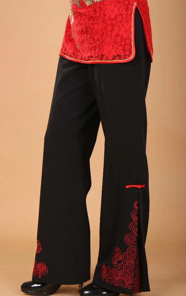 Новые китайские традиционные женские брюки с вышивкой черного цвета, длинные брюки размера плюс S-4XL, расклешенные брюки для женщин