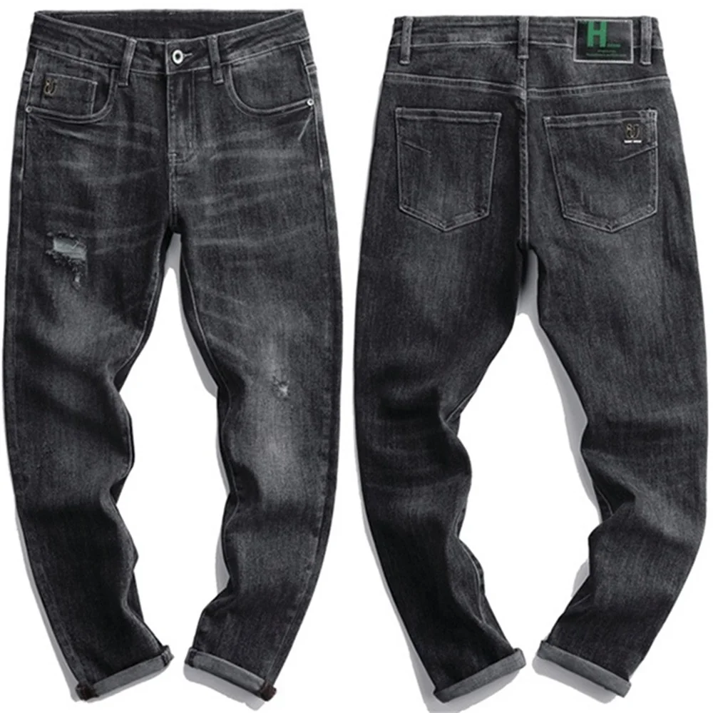 EH·MD® Embroidered Jeans Men's Stretch Word Art Decoration Youth Soft Casual Cotton Slim Pencil Pants Badge Pocket High Street