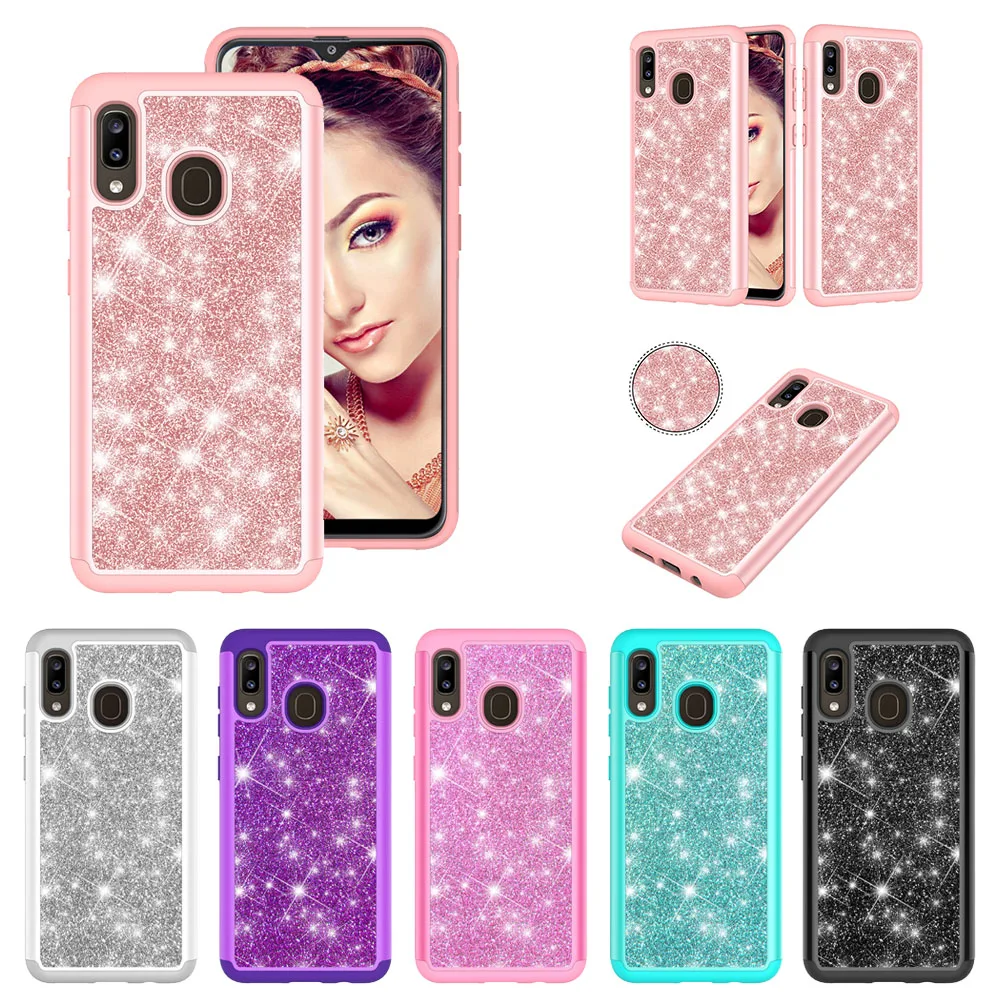 

Glitter Phone Cases for Samsung Galaxy A20 A30 A50 A20e A10e Case Bling 2 In 1 Hybrid PC TPU Shockproof Back Cover Fundas Coque