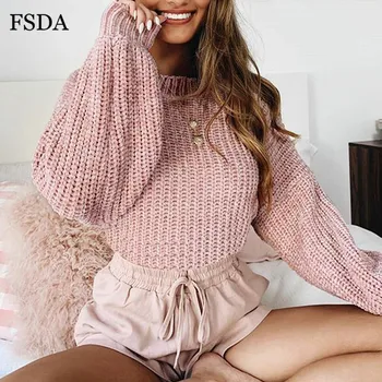 

FSDA Pink Short Loose Sweater Women Black White Long Lantern Sleeve Pullover O Neck Casual Sweet Cute Office Knit Crop Sweater