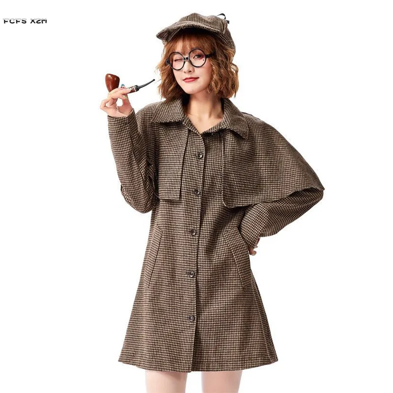 

Long Sleeve Trench Women Halloween Private Detective Costumes Female Inspector Cosplay Carnival Purim Bar Role Play Party Dress