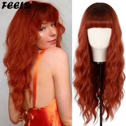 Long Ombre Orange Red Black Pink Wigs with Bangs Water Wave Heat Resistant Synthetic Wigs for  African American  Women
