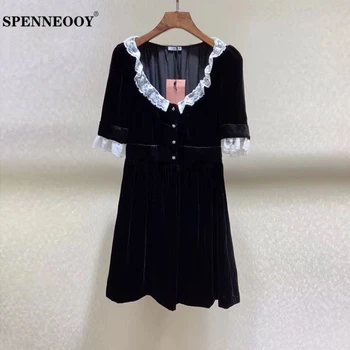 

SPENNEOOY Designer Custom Runway Classic V-Neck Lace Stitching Female Summer Mini Dress Ladies Preppy Style Short Dresses