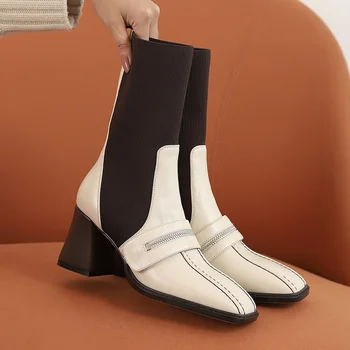

2020 New Brand Autumn Winter Square Toe Women Ankle Boots Shoes Dress Party Black Apricot High Heels Short Boots Big Size 34-40