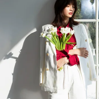 

Blazer women 2020 spring and summer new commuter linen suit jacket mid-length loose casual jacket red white coat female 3129