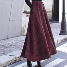 Winter Thicken Women Woolen Maxi Skirts High Waist Plaid Wool Pleated Skirt Female Vintage Ladies Saia Longa DF917