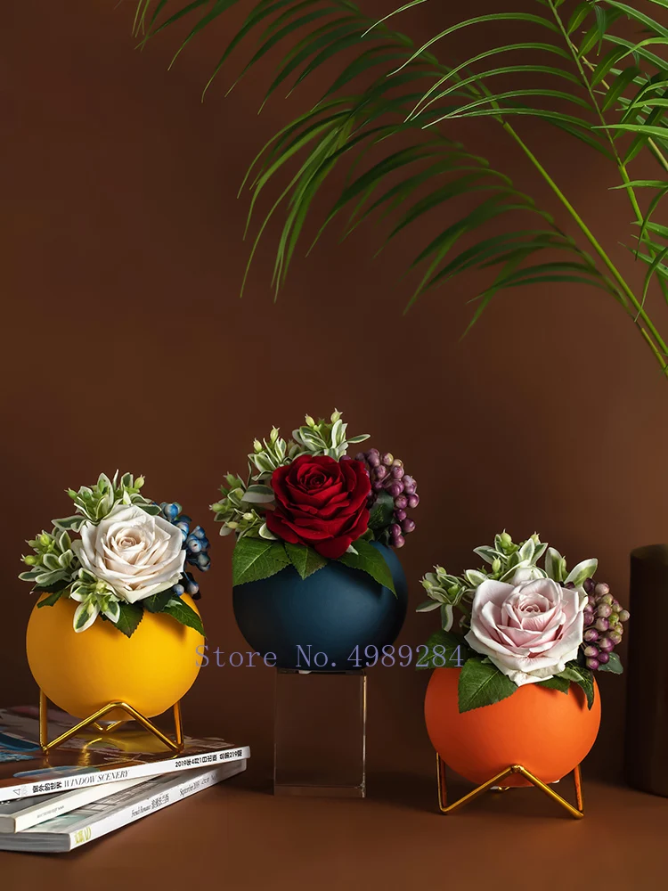 

Керамическая ваза, круглая металлическая стойка, круглый цветочный горшок, Цветочная композиция, мебель ручной работы, современные аксессуары для украшения дома