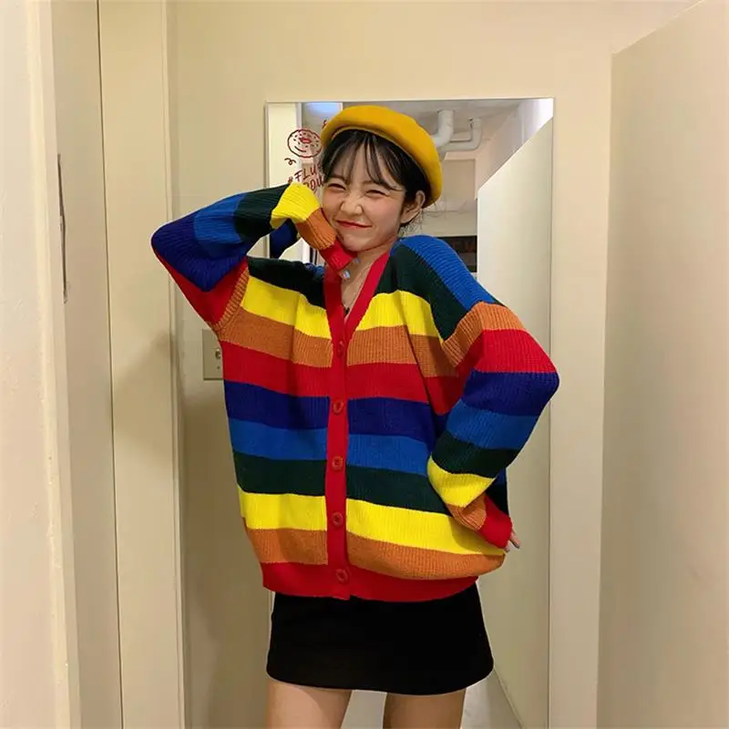 Женский корейский Harajuku Радужный Контрастный ЦВЕТНОЙ свитер с v-образным вырезом женские свитера японский Kawaii Ulzzang японская одежда для женщин - Цвет: Синий