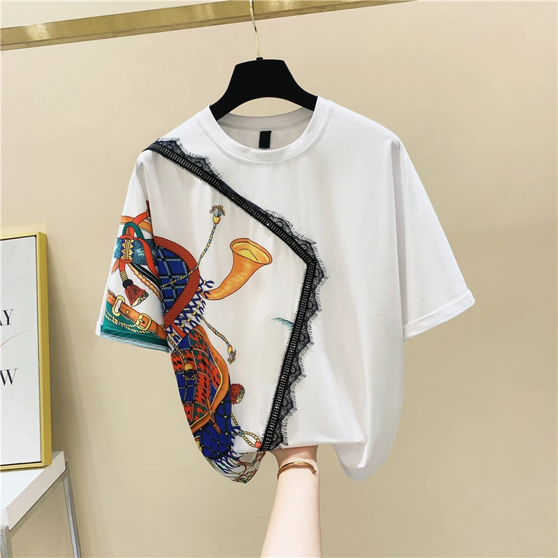 

Lace Panel Hot Drilling Printing with Contrast Color Short Sleeve Cotton T-shirt Women's 2020 Summer Korean-Style Loose T Shirt