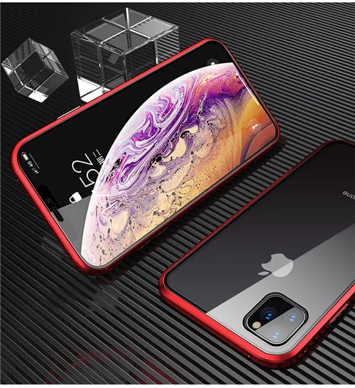 360 Полный Магнитный чехол для iPhone 11 Coque 11 Pro MAX X XS XR металлический бампер двойное закаленное стекло для iPhone 8 7 6 6S Plus чехол - Цвет: red
