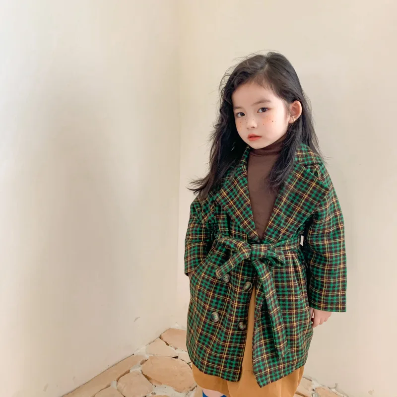 

Girl Coat Autumn and Winter New Children's Clothing Girls Retro Double-breasted Plaid Padded Woolen Coat Little Girl Jacket