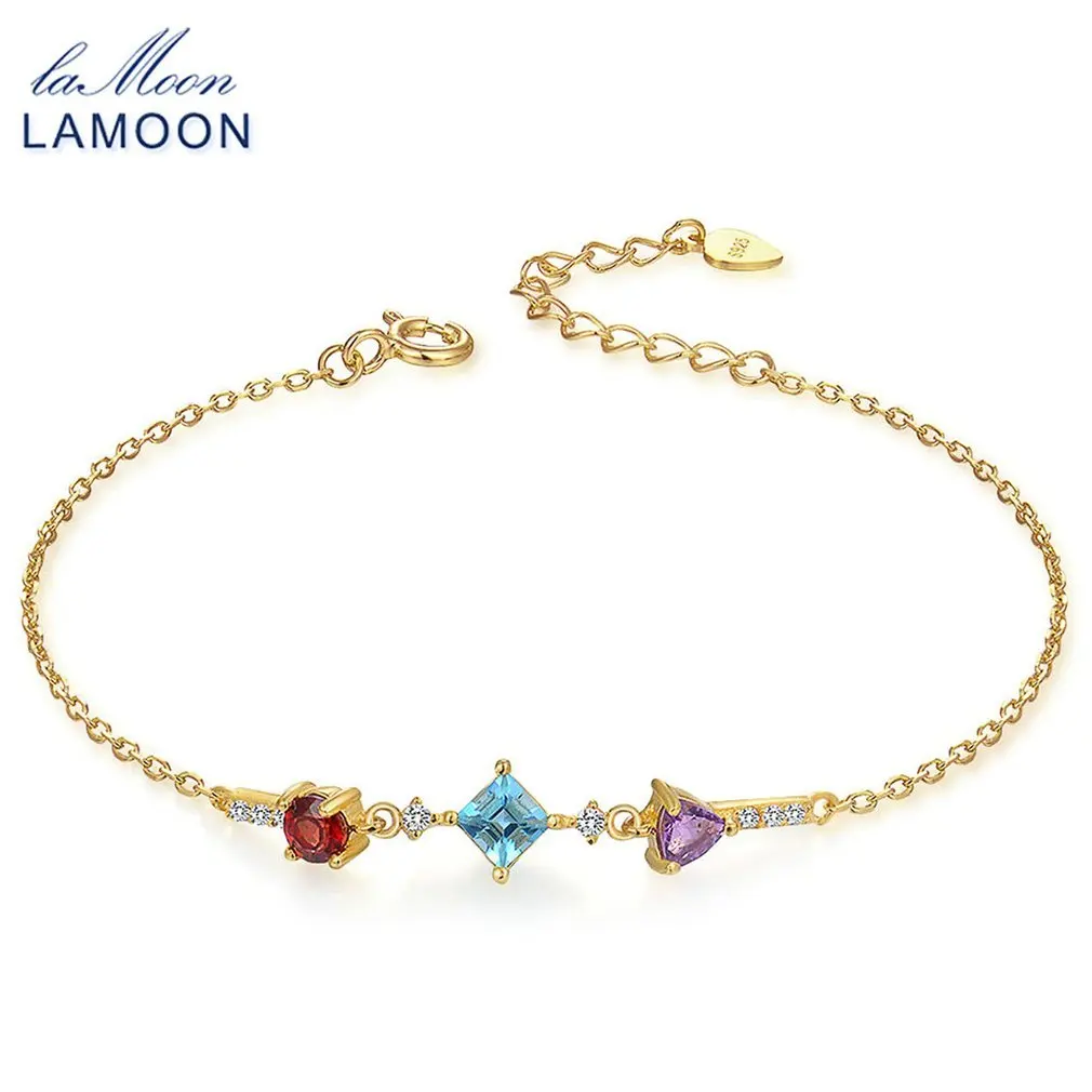 

LAMOON Beautiful Women Bracelet HI027 Natural Garnet & Topaz & Amethyst Light Yellow Gold Color Female Chain Bracelet