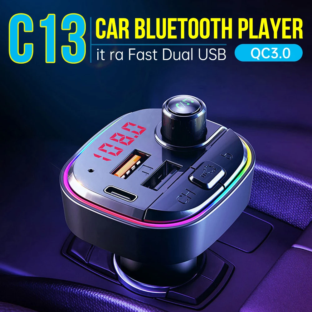 C13 Car Fm Transmitter Wireless Qc3.0+2usb Bluetooth 5.0 Mp3 Player
