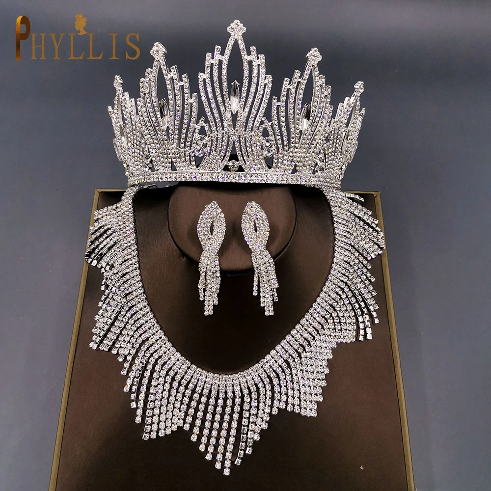 A247 Luxury Bridal Headwear Rhinestone Tiara Pageant Brithday Crowns Wedding Headpiece Alloy Women Earring Necklace Jewelry Sets