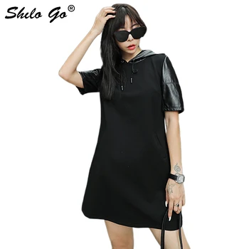 

Genuine Leather Dress Black Minimalist Short Sleeve Drawstring Hooded Dress Women Autumn Casual Solid Pocket Straight Dresses