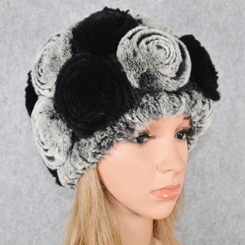 gray and black Зимняя шапка из меха кролика Рекс женская вязаная натуральный мех кролика рекс цветы шапочки шапки Теплый мягкий Настоящий мех кролика шапки - Цвет: gray and black