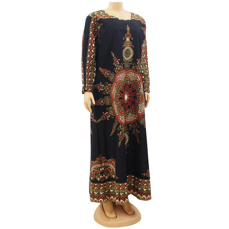 100% Cotton African Dresses Ethnic Style Traditional Print Dashiki Long Puff Sleeve Black Elegant Women Dresses african wear