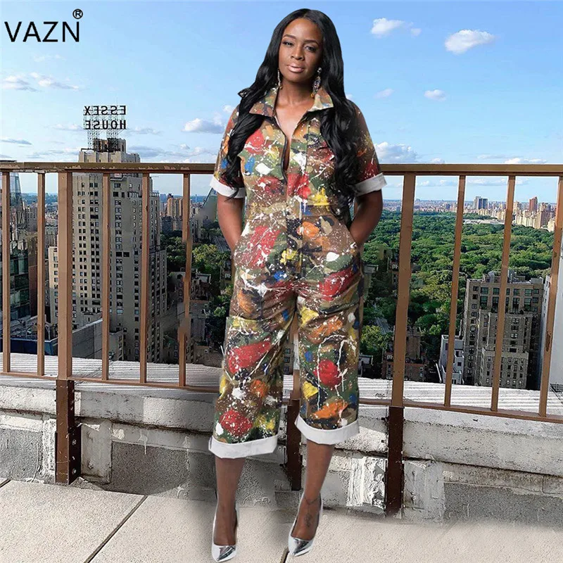 VAZN YH5075 Новые комбинезоны обычная, высокая, на выход молодых Мода Камуфляж печати Половина рукава поло шеи женщин прямые голени комбинезоны