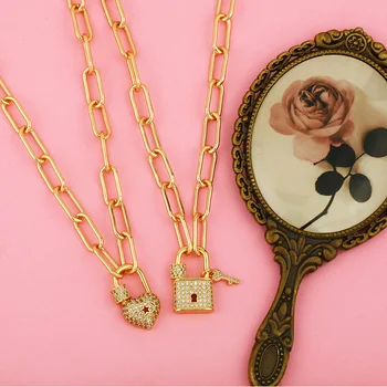 

Gold Long Chain Key Padlock Necklace For Women Crystal Heart Lock Pendant Cubic Zirconia Punk Jewelry Couple Gifts
