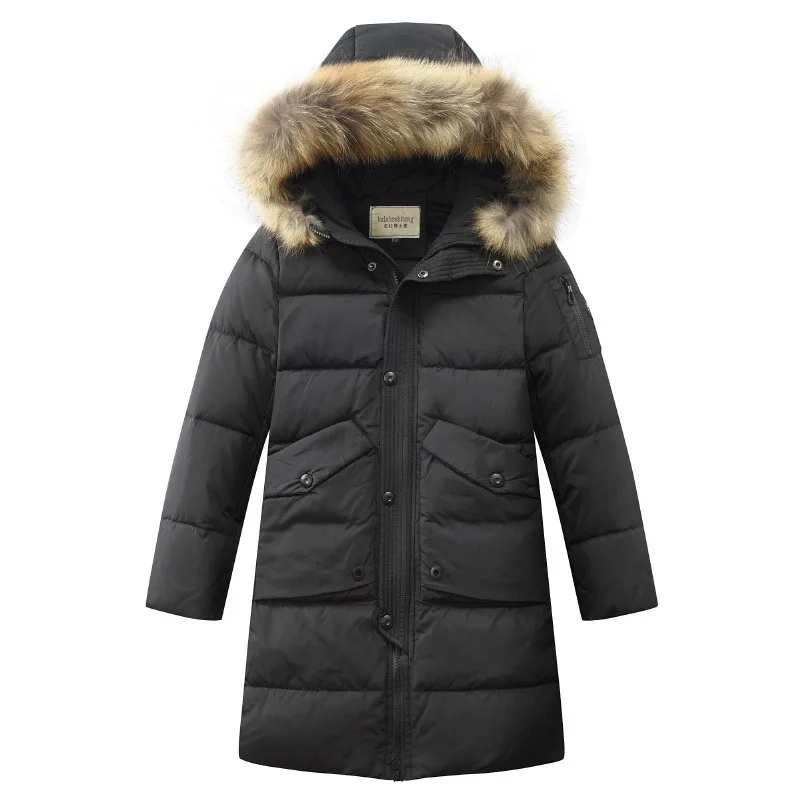 Новинка года, детская зимняя куртка для мальчиков длинное пальто с капюшоном для улицы, парка пальто для мальчиков-подростков, для больших школьников, 8, 10, 14 лет зимняя одежда - Цвет: Черный