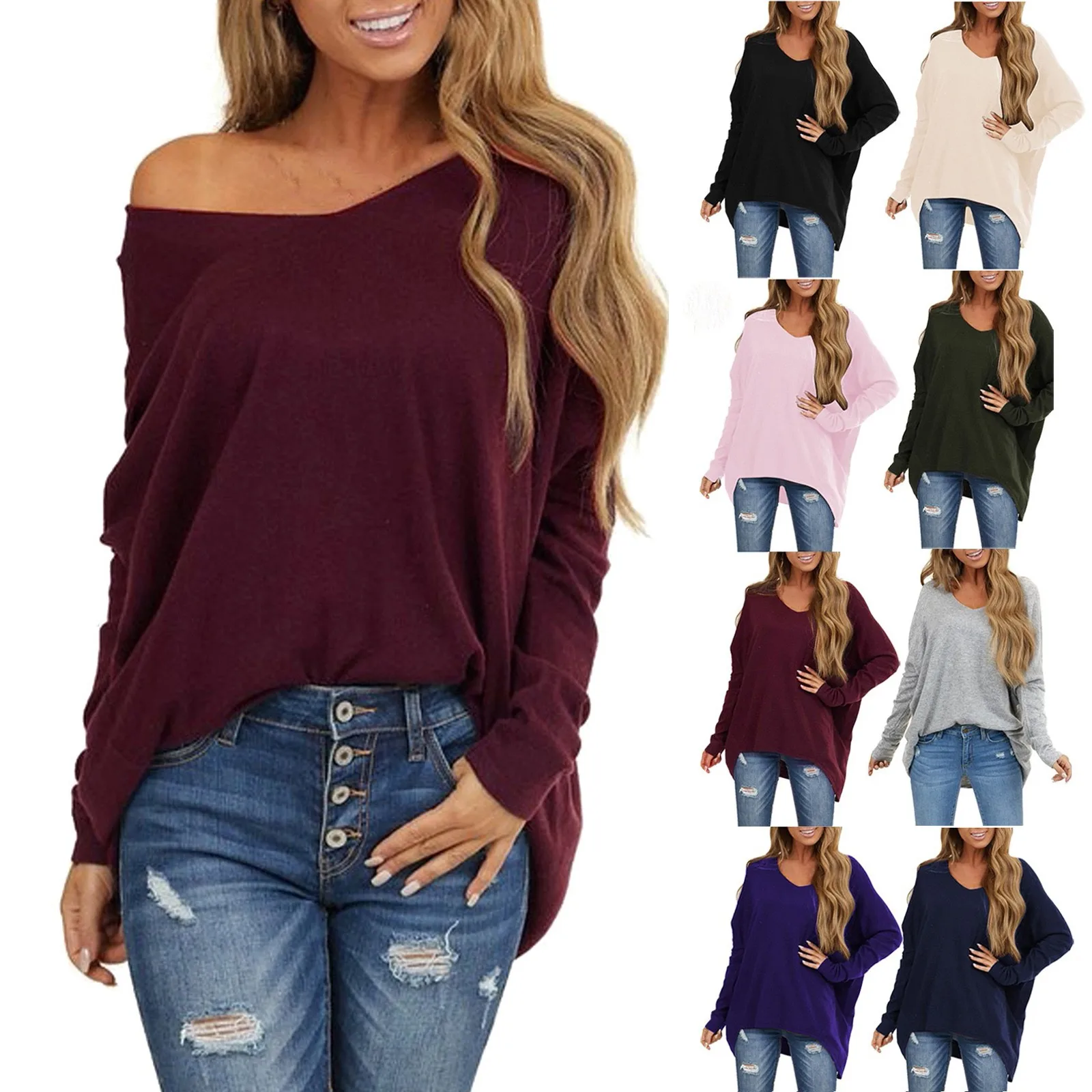 2020 de moda de las mujeres camisas de manga larga de talla grande de frío V cuello Blusas Casual Tops populares damas trabajo elegante Blusas