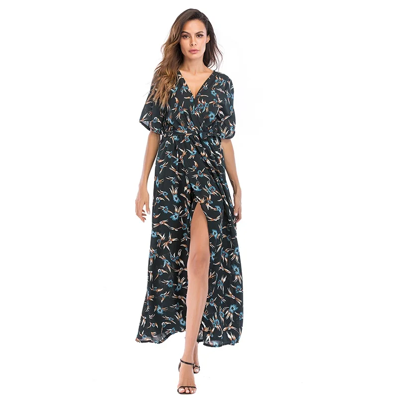 

Beach Dress 2020 Spring Summer Vacation Dresses For Women Pareo Chiffon V-neck Lengthened Coastal Wear Print Multicolor Vestido