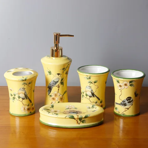 Набор для ванной комнаты пять штук в наборе керамика, Расписанная вручную наборы принадлежностей для ванной комнаты Аксессуары для ванной комнаты - Цвет: yellow--5-piece set
