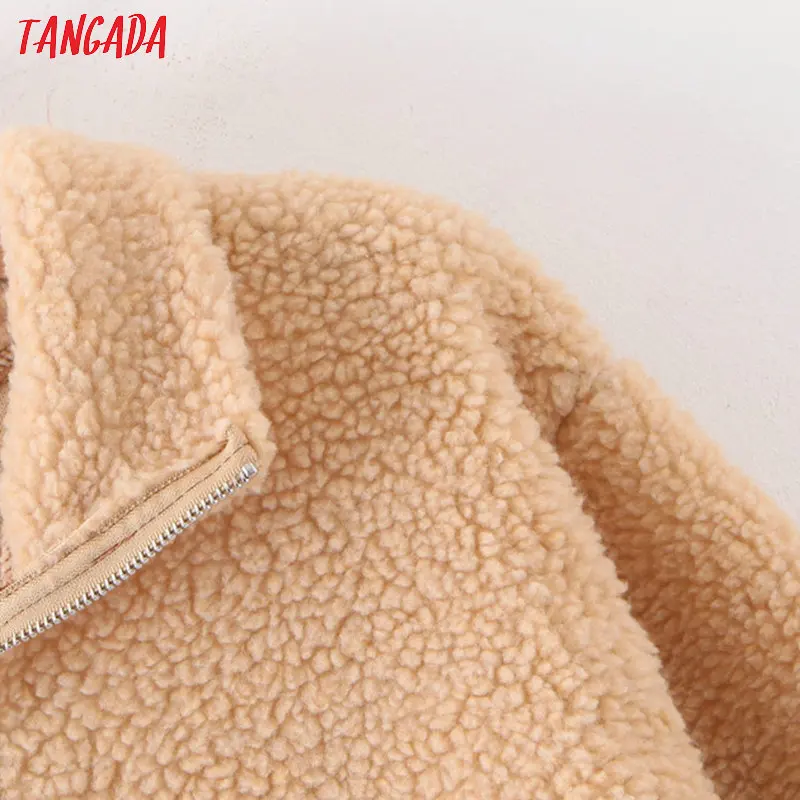 Tangada Женские однотонные флисовые негабаритные толстовки цвета хаки с длинным рукавом в Корейском стиле на молнии пуловеры женские повседневные топы SL189
