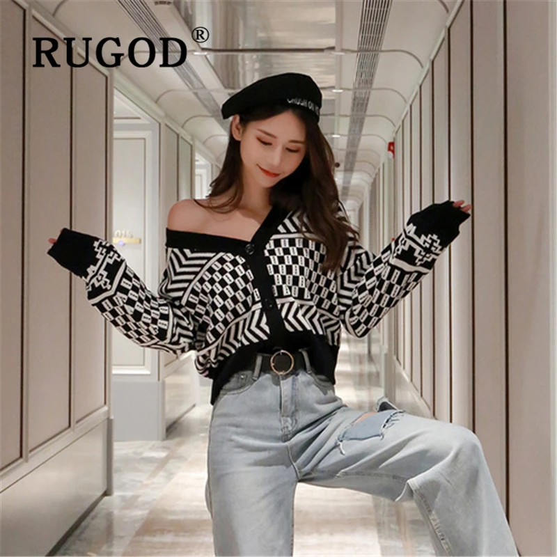 RUGOD корейский ins лоскутный кардиган свитер женский модный однобортный auturm плед вязаный caridgan женский винтажный тонкий пальто