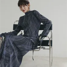 Дизайнерский Женский Осенний Ретро Тонкий полосатый комплект одежды из двух предметов с длинными рукавами Водолазка Топы+ юбка длиной до лодыжки