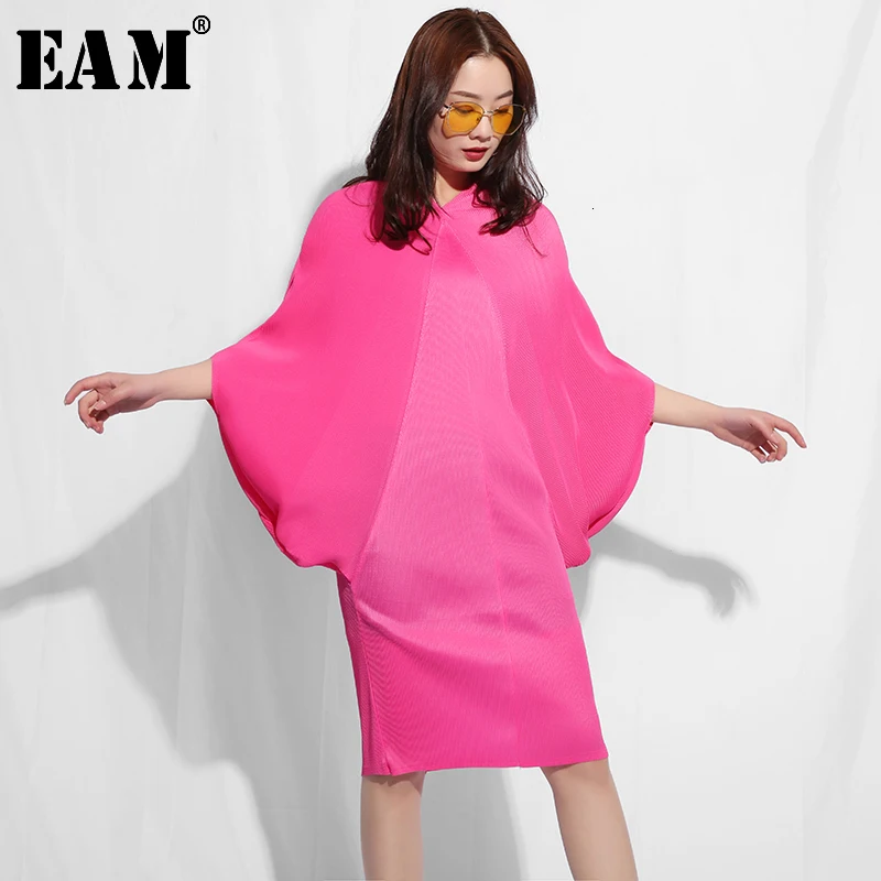 

[EAM] 2019 New Spring Summer V-collar Three-quarter Sleeve Pleaed Big Size elastic Temperament Dress Women Fashion Tide FU1119