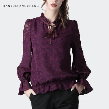 

Fashion Purple Lace Blouse Women 2020 Spring Long Sleeve Top Self Tie Neck Ruffled Collar Flare Sleeve Loose Plus Size Pullovers