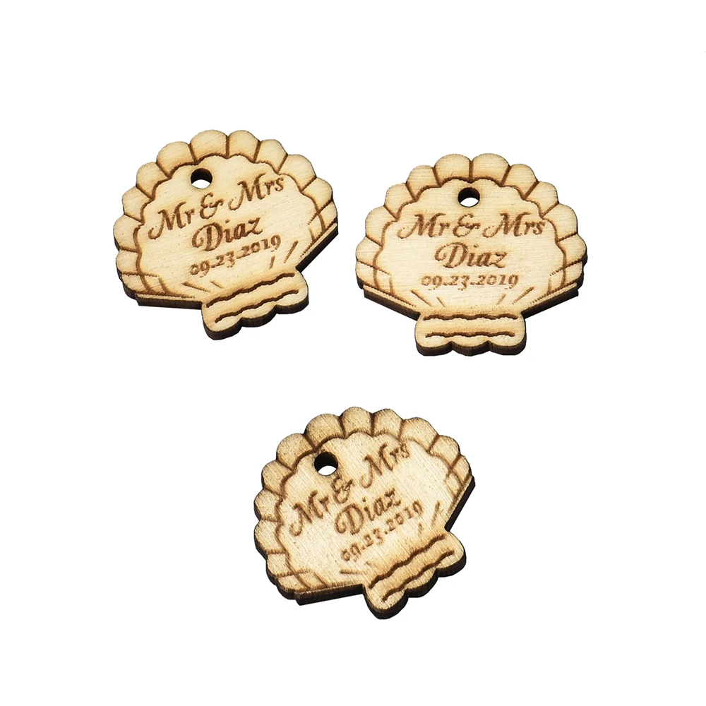 

YANGSION 50Pcs Wooden Personalized Engraved Beach Shell Table Centerpieces Decor Wood Baby Shower Baptism Wedding Gifts Favors