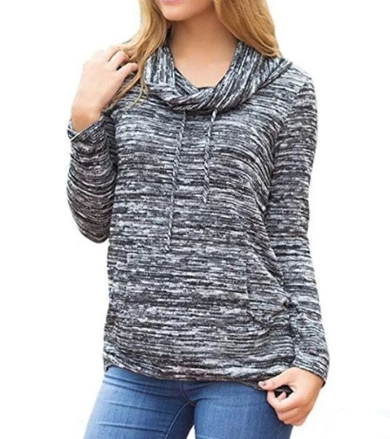 

Women Pile Collar T Shirt Autumn Casual Printed Long Sleeve Top Streetwear Front Pocket Loose Top Clothing For Ladies Female New