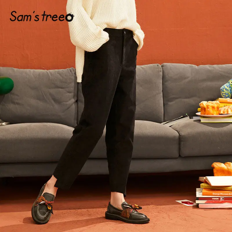 SAM'S TREE Solid Corduroy Straight Casual Women Harem Pants Winter Mid Waist Irregular Leg Office Ladies Daily Trousers