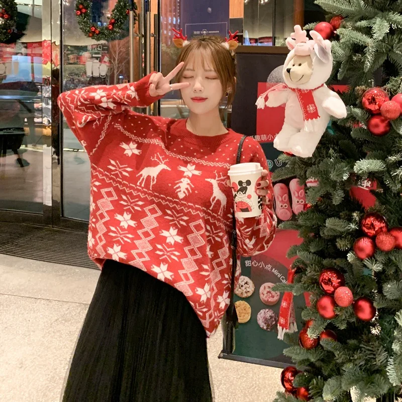 

2020 Christmas Elk Snowflake Printed Ladies Sweater Round Neck Y2k Casual Style Pullover TOP Comfortable Soft Ladies Winter Wear