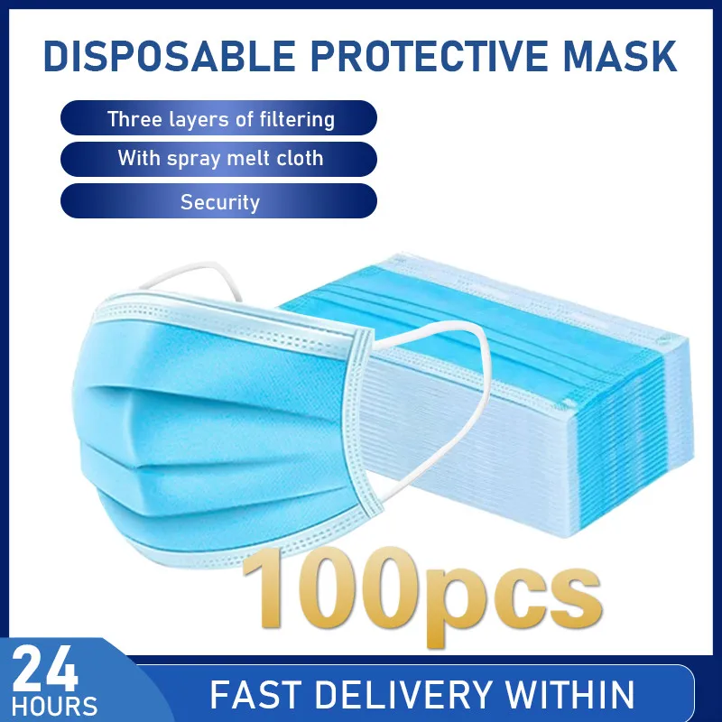 

100Pcs In Stock Disposable Mask Earloop Face Mouth Mask 3 Layers Protective Maska Anti Dust Mascherine Dropshipping