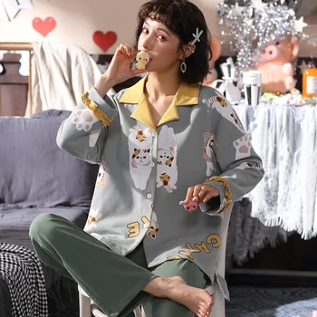

Print Sleepwear Winter Long Sleeve Loose Mujer Nightie Autumn Cotton Pajamas Set for Women Turn-down Collar Cute Cartoon