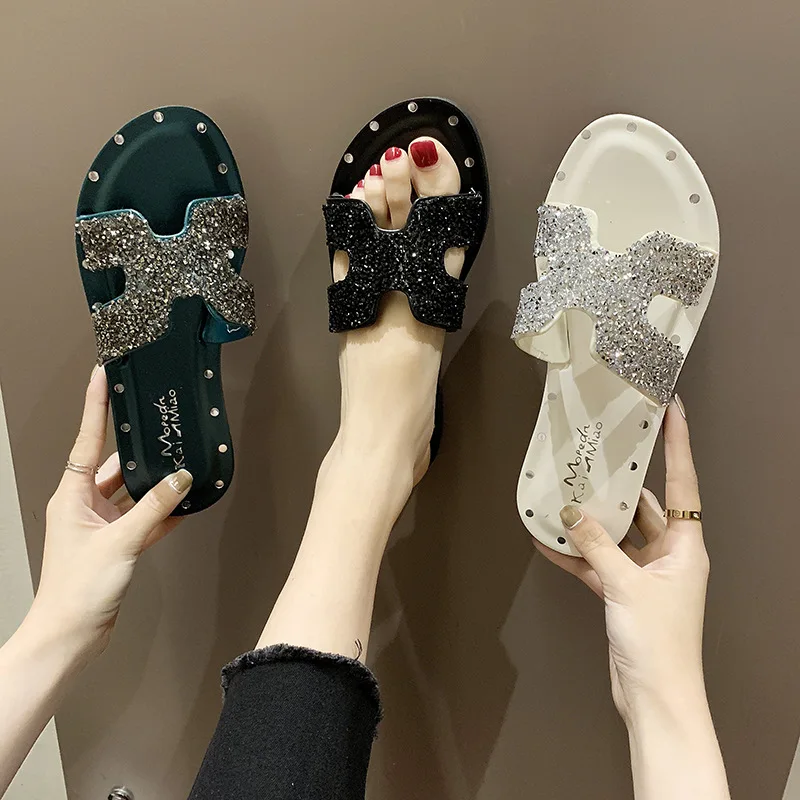 

Flat Bottom One Font Slippers H Drag Rhinestone Outside Wear Sandals