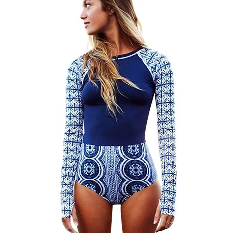 Surf suit 15 Винтаж Цветочный принт с длинным рукавом Одна деталь купальник молния Для женщин купальники размера плюс Монокини Спорт для купания, сёрфинга костюмы пляжный костюм для плавания - Цвет: Surf suit 15