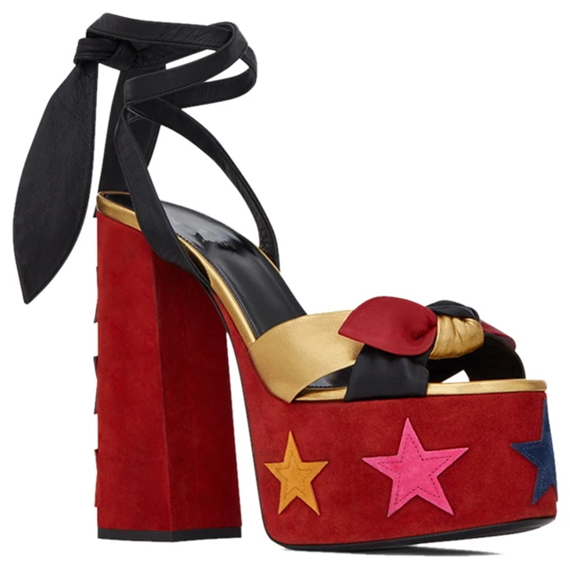 Women Chunky High Heels Lace-up Sandals Sexy Platform Round Toe Evening Party Shoe Ankle Strap Ball Summer Lady Sandals 1-D-SL-4 Multi-colors B