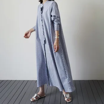 

6651 large size striped shirt Women 2020 early autumn stand collar lotus leaf loose long cloak lined dress