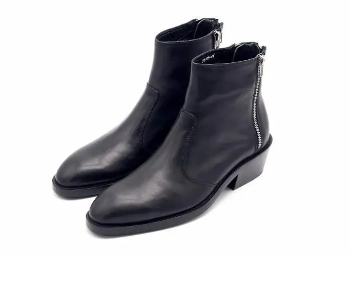 

Genuine Leather black dress Shoes Style Men Three-layer zipper boots top selling falt pointetoe boots Winter men szie 38-44