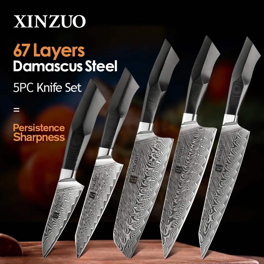 XINZUO 5 шт. набор кухонных ножей 67 слоев Дамасская сталь Santoku Кливер ножи шеф повара с ручкой G10