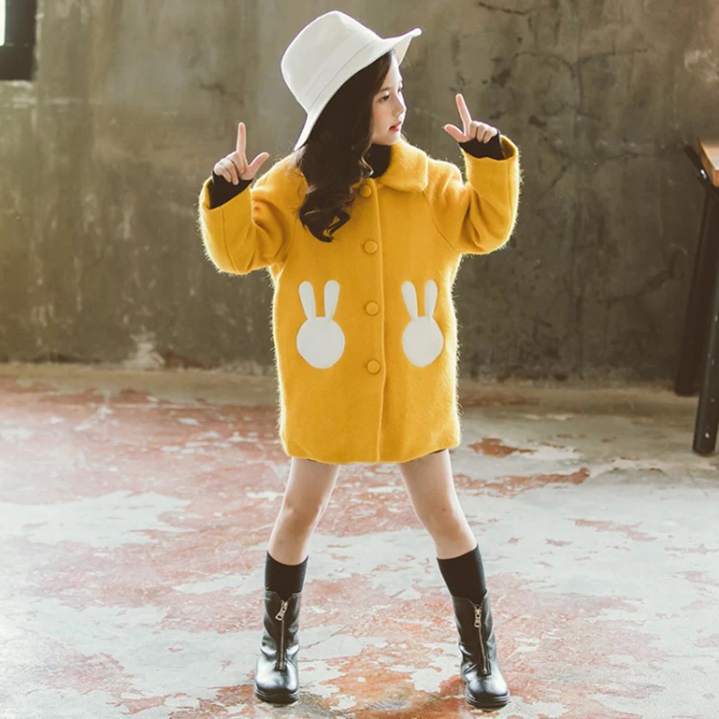 Yellow Girls Trench Coat Kids Overcoat Children Toddler Spring Autumn Fall Winter Bunny Woollen Cloth Single Breasted - Color: Yellow