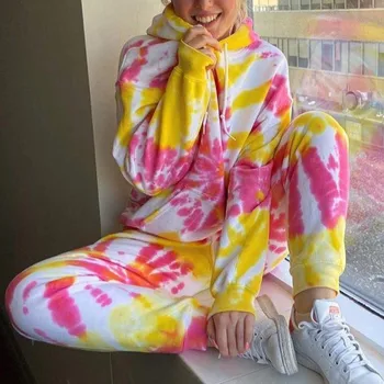 

Autunm Women's 2 piece set Loose Casual Print Tie-dyed Pocket Long Hoodie Sweater + trousers Sets Женский костюм из двух частей